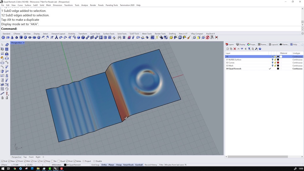 Screenshot of Rhino 3D v7 showing QuadRemesh tools
