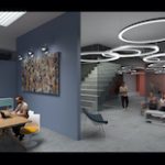 Rendered scene of a contemporary basement office reception area with people arriving and working.